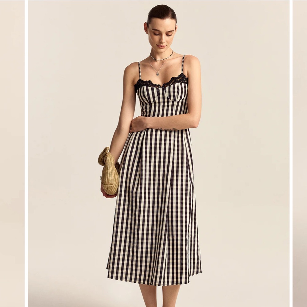 Commense Black and White Gingham Midi Dress